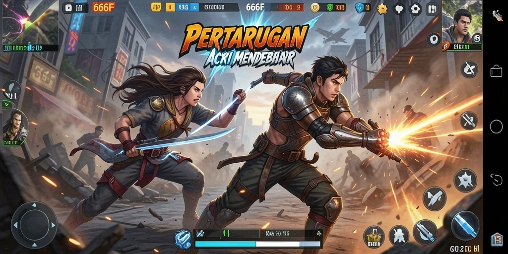 Tampilan gameplay seru dalam 666F, aksi pertarungan yang mendebarkan.