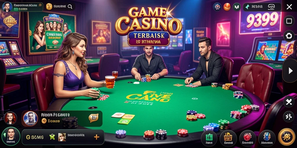 Screenshot gameplay menunjukkan dealer dan suasana kasino yang menarik.