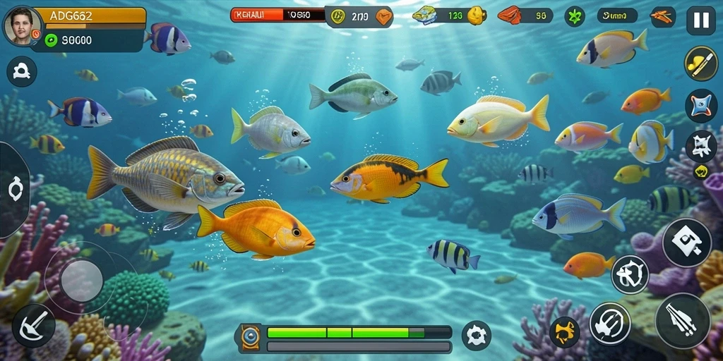 Screenshot gameplay seru dari ADG62 menampilkan aksi menembak ikan.