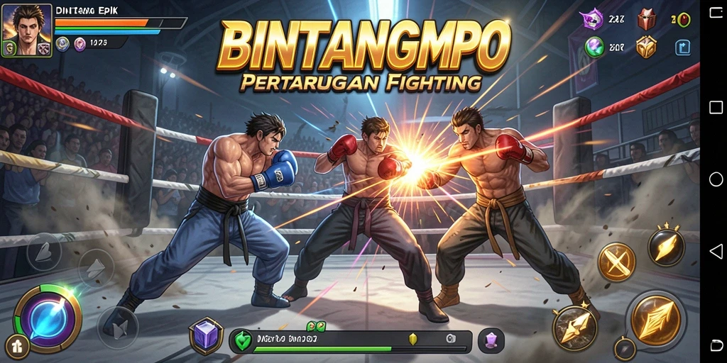 Tampilan pertarungan seru di BINTANGMPO dengan berbagai karakter.