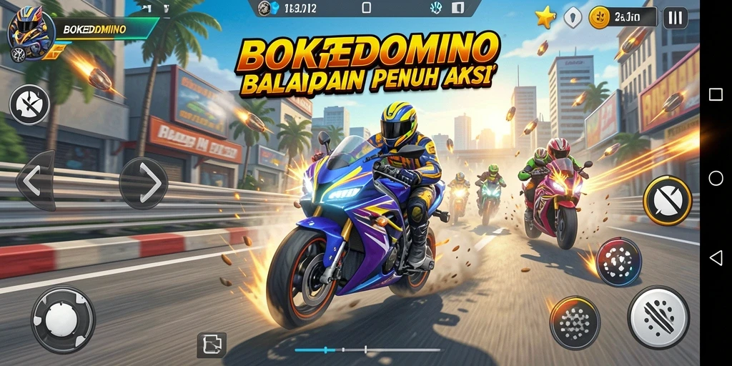 Tampilan gameplay seru di BOKEDOMINO dengan balapan motor yang menegangkan.