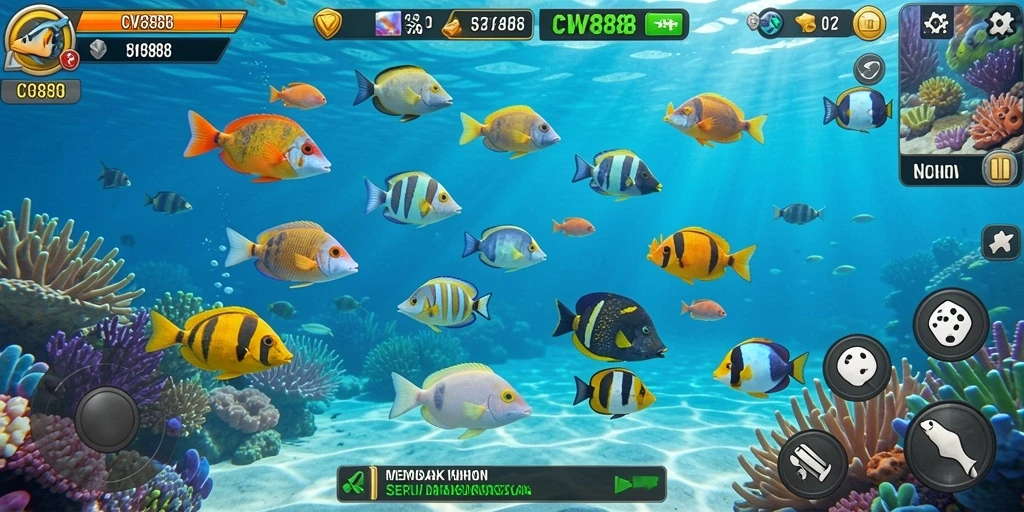 Screenshot utama CW8888 menampilkan aksi seru menembak ikan.