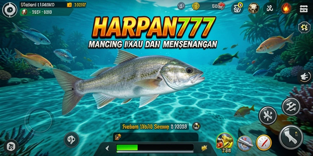 Screenshot utama HARAPAN777 menampilkan pemain menangkap ikan dengan latar belakang laut yang indah.