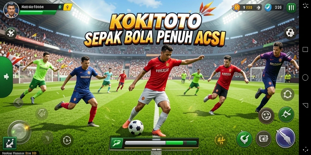 Tangkapan layar KOKITOTO menampilkan aksi permainan sepak bola yang intens.