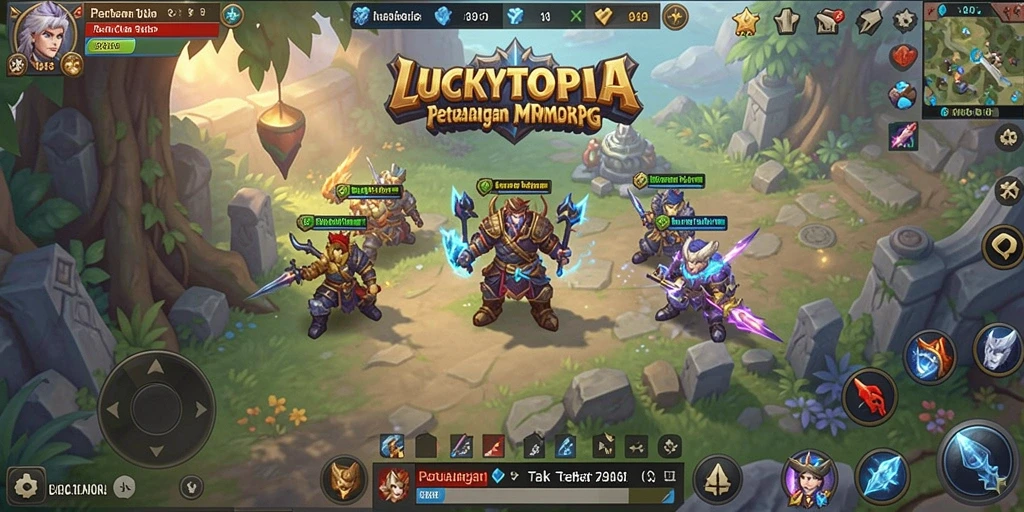 Tangkapan layar LUCKYTOPIA menampilkan pertempuran epik dalam dunia MMORPG.