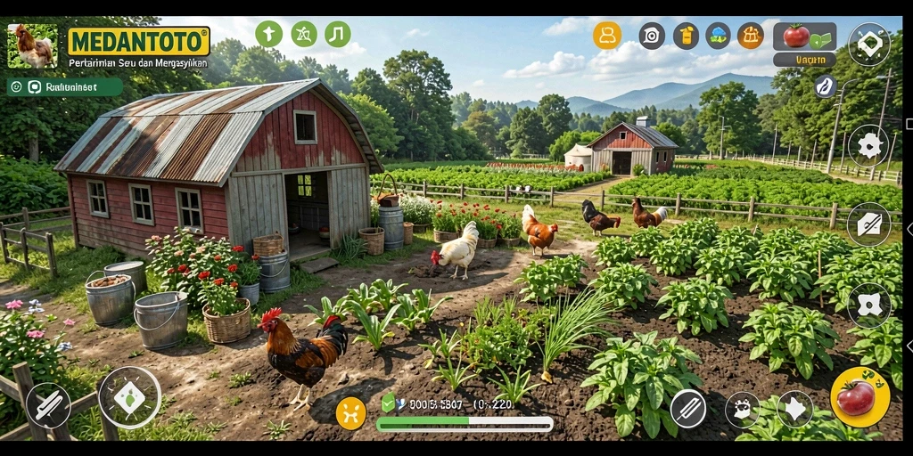 Screenshot gameplay MEDANTOTO menampilkan kebun yang subur dan beragam tanaman.