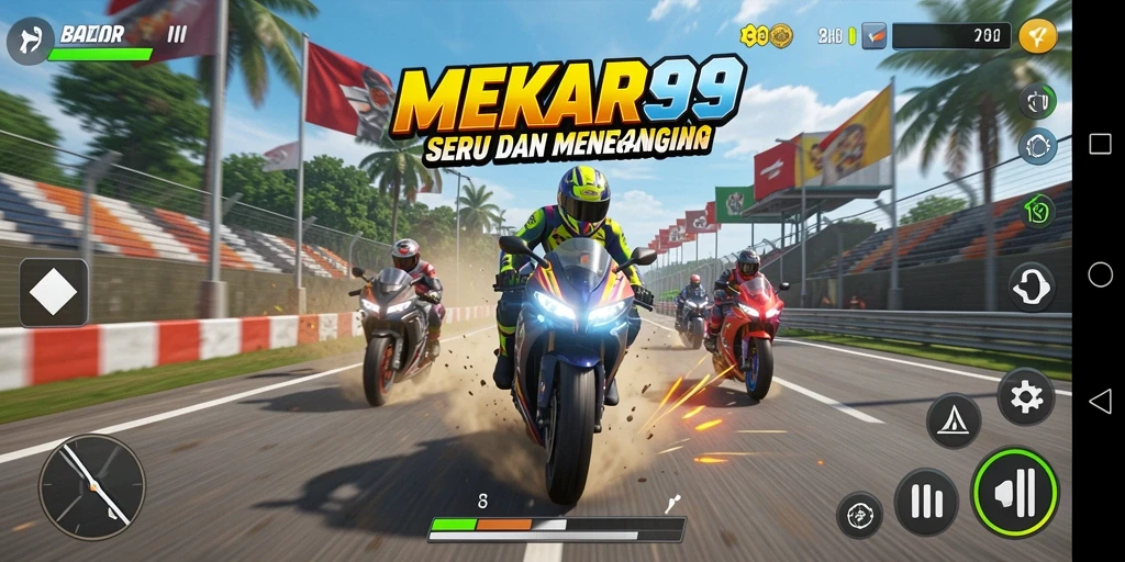 Tampilan gameplay seru dari MEKAR99 dengan balapan motor yang mendebarkan.