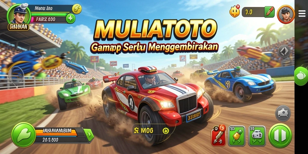 Gameplay MULIATOTO dengan mobil balap yang melaju kencang.