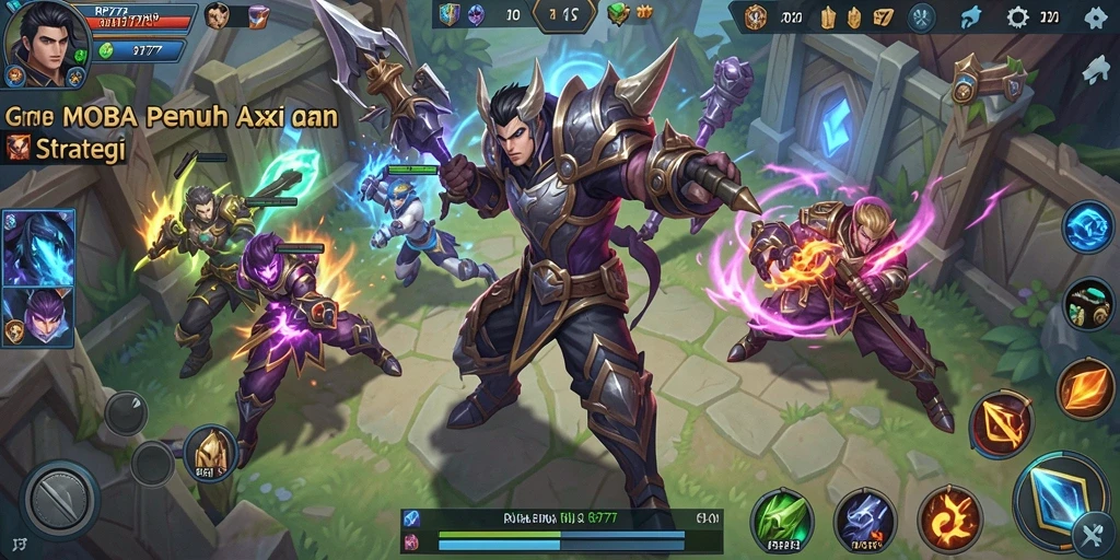 Tangkapan layar menunjukkan pertempuran seru dalam game MOBA RP777.