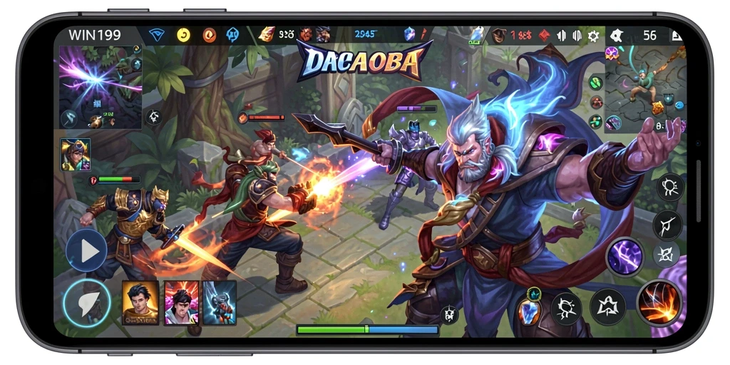 Tangkapan layar utama WIN199 menampilkan aksi gameplay yang intens dalam arena pertempuran MOBA.